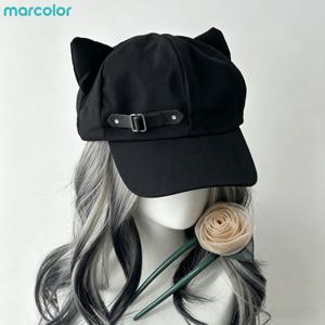 2006년 신상 (Marcolor) 고딕 스타일 하트 모양 버튼 고양이 귀 야구 모자 2개 세트 & (카멜리아 그린 그레이 머리핀) 서브컬처 Y2K 스파이시 블랙 오리 모자 데일리 코스 조절 가능 빅 헤드 둘레 선 햇