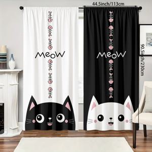 2개 세트, 폴리에스터 소재, 만화 귀여운 고양이 장식 테마, 고해상도 디지털 스타일, 흑백 색상 매칭 및 간단한 선으로 그린 귀여운 유쾌한 고양이 장식 패턴 프린트, 빛 차단 커튼, 침실, 거실, 사무실 및 가정 등에 적합