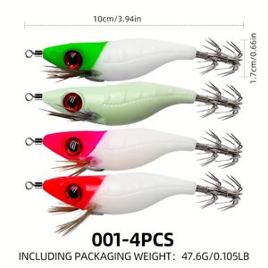 혼합 색상 4개/세트 10cm/3.94인치 야광 나무 새우 미끼, 이중층 오징어 문어 집게 미끼, 스테인리스 스틸 및 캔버스 ABS 소재, 붉은 눈의 사실적인 디자인, 야외 낚시에 매우 적합