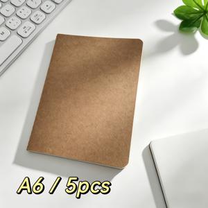A6 크라프트지 표지 공책/포켓노트/다이어리/메모장/빈티지 스티치 노트 5개입, 노트당 30매/60페이지, 눈이 휴대가 편리한 두꺼운 100gsm 베이지 뽕나무수지지, 손상 방지를 위한 둥근 모서리, 줄눈/도트 그리드/그리드/무지 네 가지 형식 선택 가능, 고등학생/대학생/휴대용/명절 선물/선물용으로 적합