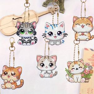 6개 귀여운 고양이 모양 페인팅 아트 키트, 반짝이는 페인팅 키체인, 아크릴 단면 인쇄 페인팅 키트, 백팩, 키체인, 수공예 애호가에게 적합
