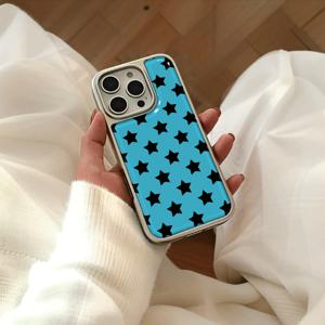 휴대폰 케이스 - 전기 도금 드립 레진 낙하 방지 폰 케이스, Apple 16Promax/15Plus/14에 적합, 파란색 배경 검은색 별 에폭시 레진 하드 케이스, 남자친구 자매 가족을 위한 귀여운 휴일 선물