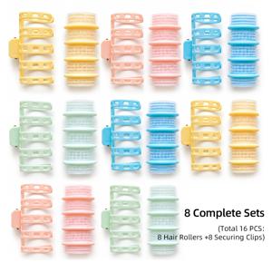 셀프 그립 헤어 롤러 8종 세트 (고정 클립 포함), 탄력 있는 빅 컬 & 뿌리 볼륨 리프트 연출, 온열 불필요 레이지 헤어 컬러, 야간 수면 사용, 살롱 스타일 블로아웃 룩, 헤어드라이어 사용 가능, 모든 헤어 타입 여성용, 총 16개 액세서리