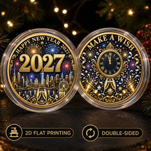 2027년 새해 소장용 코인 & 책상 장식품 - 도시 불꽃놀이가 있는 자정 카운트다운 기념 메달, 가족, 친구, 새해 장식 선물용, 릴렉스 피젯용, 멀티컬러 소원 풍경, 2D 평면