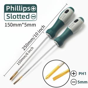 2개 세트 슬림 샤프트 수동 드라이버 세트, 샤프트 길이 150mm, 십자 비트 PH1 / 일자 비트 5mm, S2 강철 소재 강도 +/- 56, 전기도금 방청 드라이버 비트, 자석 팁으로 나사 쉽게 집기