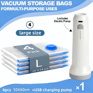 5개 세트 - 다양한 사이즈, 진공 보관백 + USB 전동 에어펌프(충전 케이블 포함), 1500mAh 장시간 배터리, 휴대용이며 사용이 매우 편리함, 의류 및 계절별 침구 교체용 고품질 진공 압축백