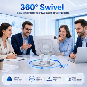 책상용 360° 회전 메탈 태블릿 스탠드, 미끄럼 방지 안정적인 받침대가 있는 완전 조절식 접이식 iPad 스탠드 홀더, 4-13인치 기기용 범용 듀얼로드 탁상용 마운트 지지대, Air Mini, Samsung , 전자책 리더기, Switch, 실버색