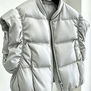 웨스턴 핫 아이템 개성 패션 이지 캐주얼 데일리 외출 휴가 데이트 가을 겨울 두꺼운 따뜻한 조끼 플리츠 디자인 포켓 스탠드 칼라 조끼 두꺼운 따뜻한 재킷 겉옷