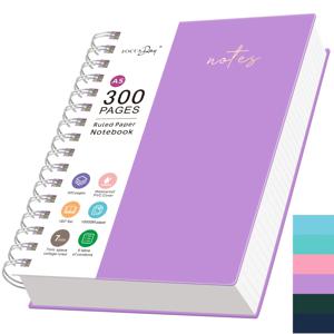 A5 스파이럴 노트, 300페이지 대학생용 줄자 노트, 100GSM 두꺼운 종이, 번짐 없음, PVC 커버, 투명한 내부 포켓, 5.7
