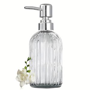 400ml 우아한 파란색 유리 로션 디스펜서, 금색 펌프 - 텍스처드 라운드 디자인, 독립형, 욕실 및 주방에 이상적, 재충전 가능한 비누/샴푸/콘디셔너 병, 욕실 액세서리 | 리브드 텍스처 | 투명 병, 비누 디스펜서