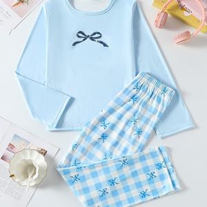 2pcs 십대 홈웨어 세트 가을 겨울 라운드넥 긴팔 파자마 & 리본 매듭 체크 무늬 슬립 팬츠 긴 바지 봄 가을 십대 파자마 세트 따뜻하고 편안한 핑크, 블루 옵션 패션 캐주얼 파자마 세트 14+ 자매 매칭