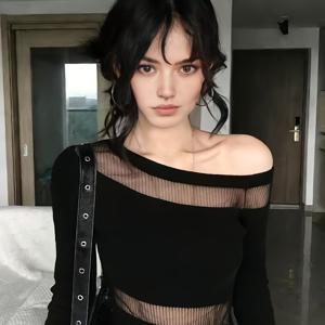 메쉬 스플라이싱 우아한 원숄더 여성 탑