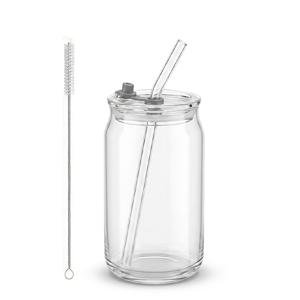 1/4개 16.9Oz 유리 물컵 (유리 빨대 포함) - 투명 아이스 커피 유리컵 - 재사용 가능한 주스, 차, 커피 컵, 가정 주방에 적합, 사계절 음료용, 가정용 물 유리컵 | 내구성 좋은 유리제품, 커피컵