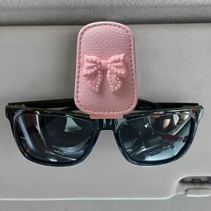 핑크색 입체 보우kno트 패션 안경 홀더, 자동차 선바이저 안경 클립, 은행 카드, 신용카드, 멤버십 카드 보관용, 완벽한 선물, 재미있는 장식 아이템