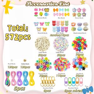 572개 패션 비즈 공예 키트 (알파벳 비즈, 나비 별 비즈, 꽃 대형 구멍 간격 비즈 포함), 초보자 수공예, 추수감사절, 할로윈, 크리스마스, 어버이날, 스승의 날에 적합한 랜덤 혼합 색상