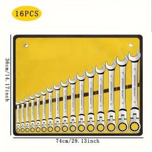 SAE 및 메트릭 플렉스 헤드 라쳇 세트 - 16pcs 전문가용 키트 (6-24mm), 72T 퀵 릴리스 포함. 스틸 및 밝은 노란색 캔버스 가방 - 가정, 자동차 및 기계 수리에 적합한 다용도 키트