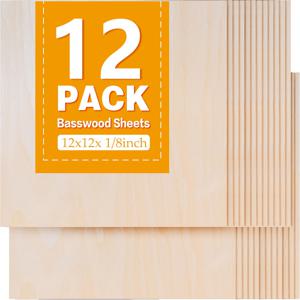 공예용 베이스우드 목재판 12개, 12인치 x 12인치 x 1/8인치, 3mm 공예용 합판, DIY 장식품 및 모델 조각용, 레이저 커팅용 목재, 건축 모델, 드로잉, 나무 그라이드용