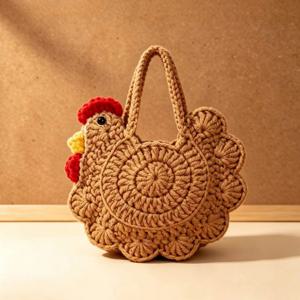 핸드메이드 코바늘 뜨개질 닭 Mini 토트백, 부드러운 니트 털실 소형 핸드백 (수납 핸들 포함), 귀여운 만화 동물 숄더 파우치 (동전, 열쇠, 화장품 보관용). 할로윈 및 크리스마스 선물로 적합