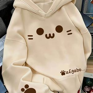 가을 겨울 의류, 스위트 스타일 만화 아기 고양이 얼굴 풀오버 후드 스웨트셔츠, 고양이 발바닥 커프스와 레터 프린트 포켓, 캐주얼 긴팔 상의, 주머니가 있는 루즈핏 오버사이즈 소녀스타일 후드티, 데일리 출퇴근용 활용도 높은 상의