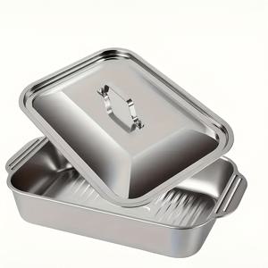 뚜껑이 있는 스테인리스 스틸 베이킹 트레이 세트, 대용량, 가족 모임, BBQ, 빵 및 디저트, 해산물, 뷔페에 적합 - 트레이 1개 및 뚜껑 1개 포함. 효율적인 열 전도 디자인, 얇은 벽의 스테인리스 스틸 소재
