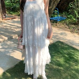 레이스 트림 케이크 드레스 캐미 드레스 여성 여름 분위기 해변 바캉스 롱 드레스