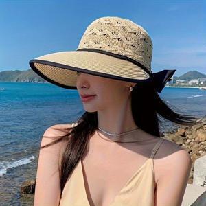 1개, 우아한 여성용 통기성 리본 썬햇 - 블랙 챙이 넓은 밀짚모자, 접이식, 봄 여름 해변 나들이용, 비치햇