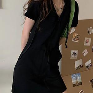 여성 여름 후드 반팔 원피스 맨투맨 롱 티셔츠 캐주얼 하이웨스트 슬림핏 집업 맨투맨 스커트 힙업 3색 선택 가능 패션 스포츠 슬림소녀