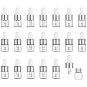 실링 드롭퍼가 있는 1ml 유리 바이알 20개 세트. 에센셜 오일의 작은 샘플에 이상적이며, 은색-투명 디자인입니다.