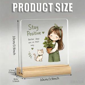1개 스마일 소녀와 아기 고양이 녹색 식물 긍정적인 마음을 유지하라 장식품 영감을 주는 슬로건, 아크릴 장식품, 나무 받침대 포함, 책상 무게, 사무실 데스크탑 장식, 사무실 테이블 용품