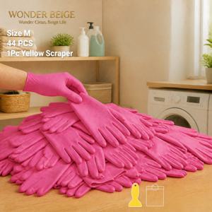 WONDER 베이지 44개 로즈 레드 니트릴 가정용 청소 장갑 (노란색 틈새 스크레이퍼 포함), 주방 싱크대, 창문 틈새, 문틀, 욕실 디테일 청소 및 가족 업무에 적합한 유연한 착용감