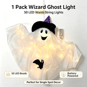 할로윈 보라색 모자 화이트 조명, 90cm/35.43in*70cm/27.56in 보라색 모자와 5m 50LED 웜화이트 비즈 행잉 조명, 가볍고 흐르는 듯한 부드러운 패브リック 발광 펜던트, 배터리 박스식 전원(배터리 미포함), 박쥐 패턴 플로팅 조명 장식, 실내용, 천장, 벽, 유령의 집, 휴일 분위기 장식, 실내 스트링 조명