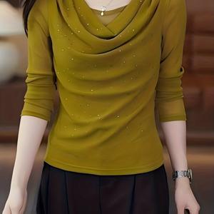 우아한 라인스톤 장식 튜닉 탑 - 복부 컨트롤 셔츠, 봄/가을용 고탄력 블라우스, 단색 (손세탁 가능) - 사무실 & 반정장 착용