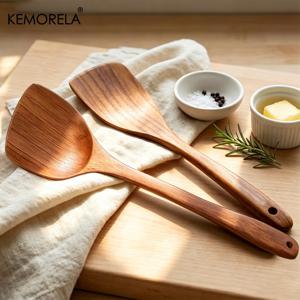 KEMORELA 나무 뒤집개 2개 세트 - 논스틱 팬용 긴 손잡이 튀김 뒤집개 - 스크래치 방지 나무 스푸틀 및 사우테용 쿠킹 스푼 - 32Cm, 35Cm
