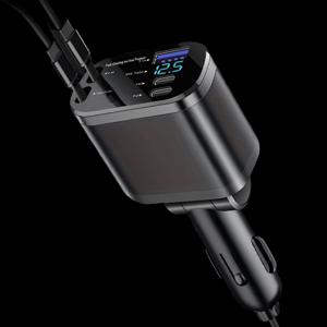 올인원 120W 수납식 차량용 충전기 2026 신형 모델 – 듀얼 USB-C 케이블, 자동 케이블 수납 시스템, 범용 차량용 소켓 – 여러 기기를 동시에 고속 충전, 깔끔하고 정리된 환경