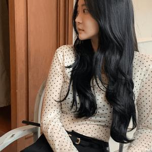 여성용 폴카 도트 세미 시어 긴소매 크루넥 베이스 레이어 탑, 봄/여름 스타일
