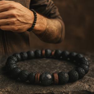 3개 남성 천연석 팔찌, 에센셜 오일 비즈 포함 - 실제석 비즈 (블랙 및 브라운), 조절 가능한 레트로 스타일, , 명상, 아버지, 남편, 남자친구 선물 (아버지의 날, 크리스마스) - 모든 연도