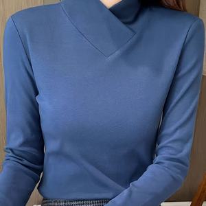 2024 단색 스타일리시 슬림핏 파슈미나 베이스 레이어 가을 한국 스타일 긴소매 하프 터틀넥 티셔츠 여성 상의