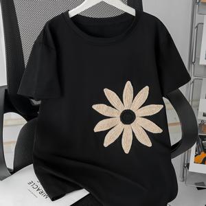 여성용 크로셰 아플리케 티셔츠 - 라운드 넥 반팔 상의, 기계 세탁 가능 겨울 레이어링 아이템, 캐주얼 및 평상복에 적합, 단색이 아닌 베이스웨어