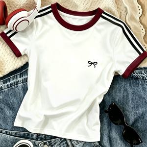 1개 새로운 스타일 레귤러 숄더 라운드넥 컬러블록 심플 리본 패턴 프린트 슬림핏 여성용 캐주얼 심플 반팔 티셔츠 상의