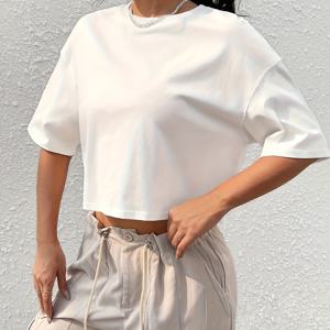 여성용 숏 크롭 티셔츠 - 솔리드 컬러 반팔 라운드넥 여름 상의, 루즈핏 캐주얼 블라우스, 레이어링용 숏 티, 세탁기 사용 가능한 캐주얼 의류 & 아웃핏