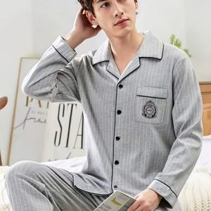 남성용 긴소매 파자마 세트 2pcs - 그레이 긴소매 버튼업 셔츠 - 긴바지 - 아우터웨어로 착용 가능 - 캐주얼 수면복 세트