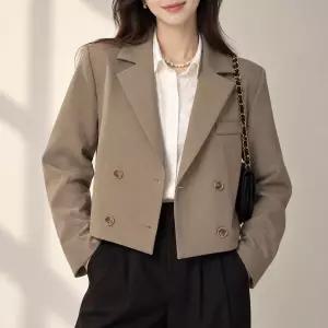 여성 가을 크롭 숏자켓 더블버튼 테일러드 뒷트임 보보숏 긴팔 정장자켓 하객룩 오피스룩