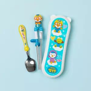 에디슨 뽀로로 스텐 젓가락 + 수저 케이스 세트 /오른손 3세~ 1단계 / 유아 어린이 유아동 / 교정용