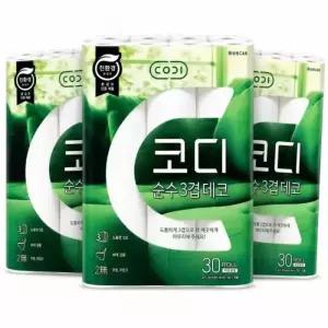 코디 순수 도톰 3겹데코 30M 30롤 x3팩 무향무잉크