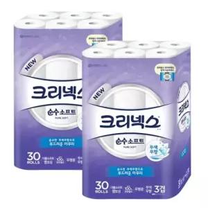 크리넥스 3겹 순수소프트 쿠션 30MX30롤 2팩 화장지 두루마리휴지