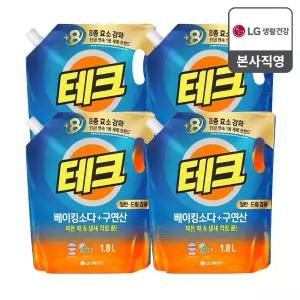 [포토리뷰1,000P]테크 베이킹소다+구연산 액체세제 일반 드럼 겸용 리필 1.8L x 4개