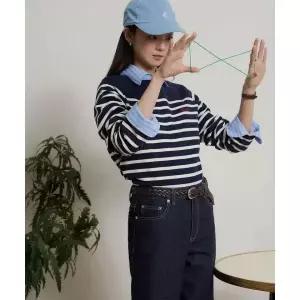 BEANPOLE LADIES [B. my] 보더 스트라이프 보트넥 루즈핏 티셔츠 - 네이비 (BF6241N02R)