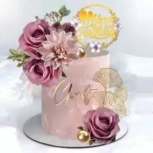 꽃 케이크 토퍼 인공 보라색 장미 생일 축하 웨딩 파티를위한 유칼립투스 잎