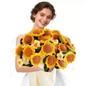 손뜨개 해바라기 꽃다발 담요 수제 꽃 어머니의 날 할머니 생일을 위한 원형 꽃무늬 니트 선물