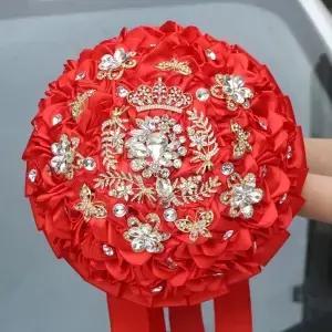 빨간 실크 리본 장미 꽃다발 웨딩 핸드헬드 꽃 DIY 라인스톤 시뮬레이션 3D 신부 들러리 신랑 F
